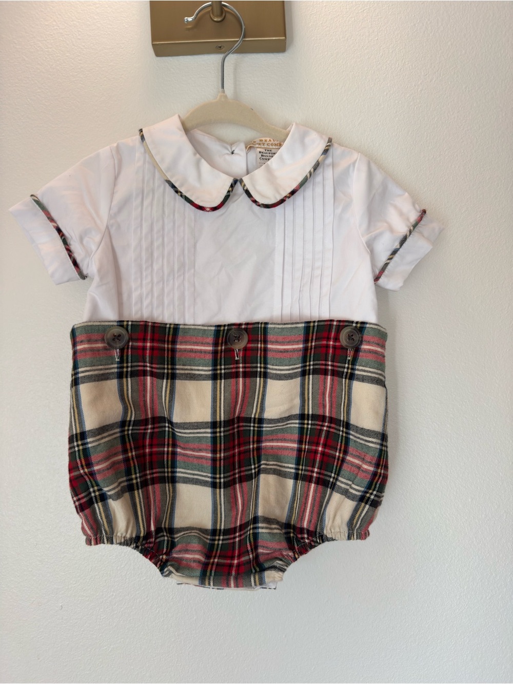 The Beaufort Bonnet Company White Top with Red & Cream Plaid Bubble Romper